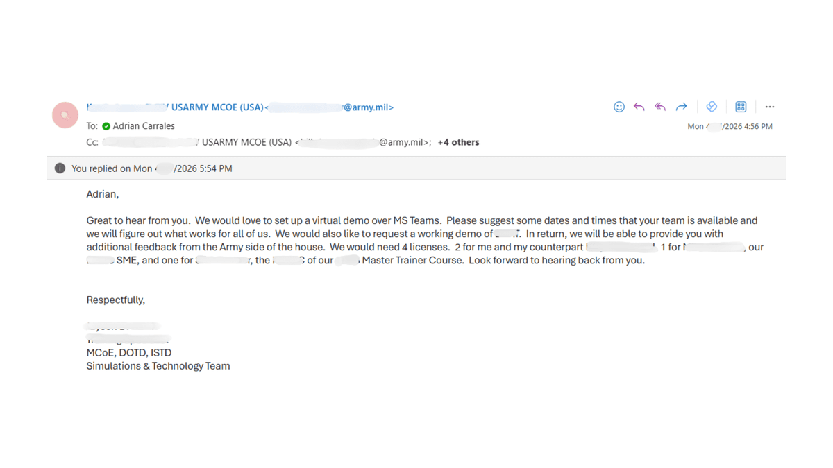 Email reply from MCoE training specialist